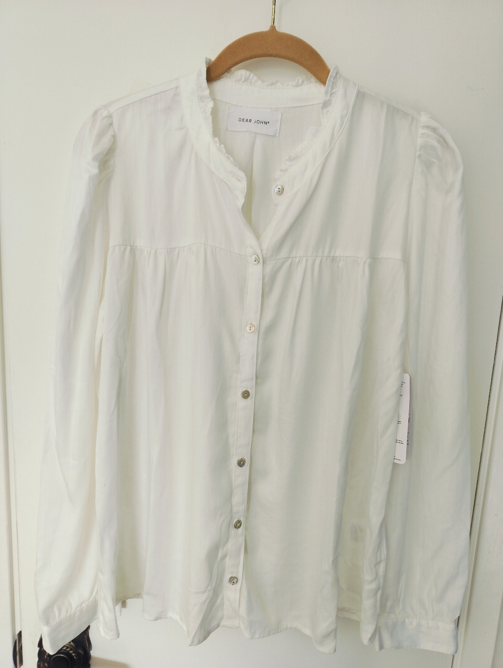 Dear John Ivory Ruffle-Trim Button Down Blouse 100% Tencel Small
